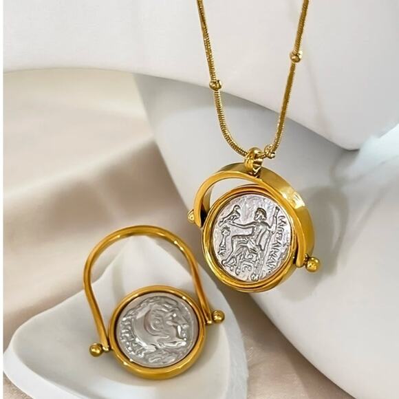 Gold Greek Roman Signet Ring Matching Necklace Set Double Sided Disc God… - Picture 13 of 14